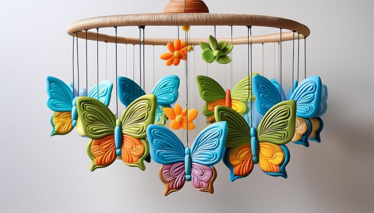 Colorful butterflies hanging baby mobile made of polymer clay