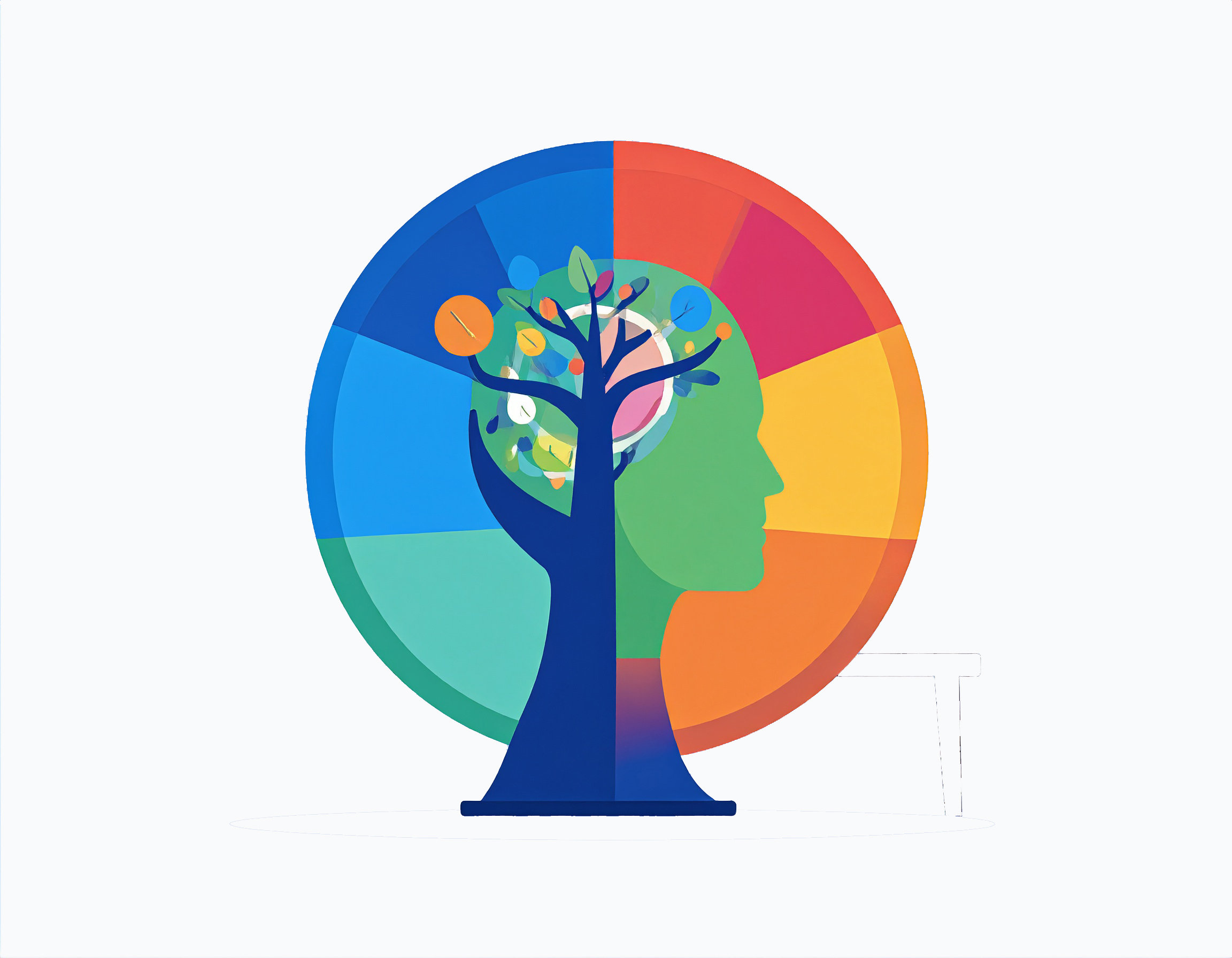 Synthesis of art and technology graphic - a brain, a tree, and colors of life.